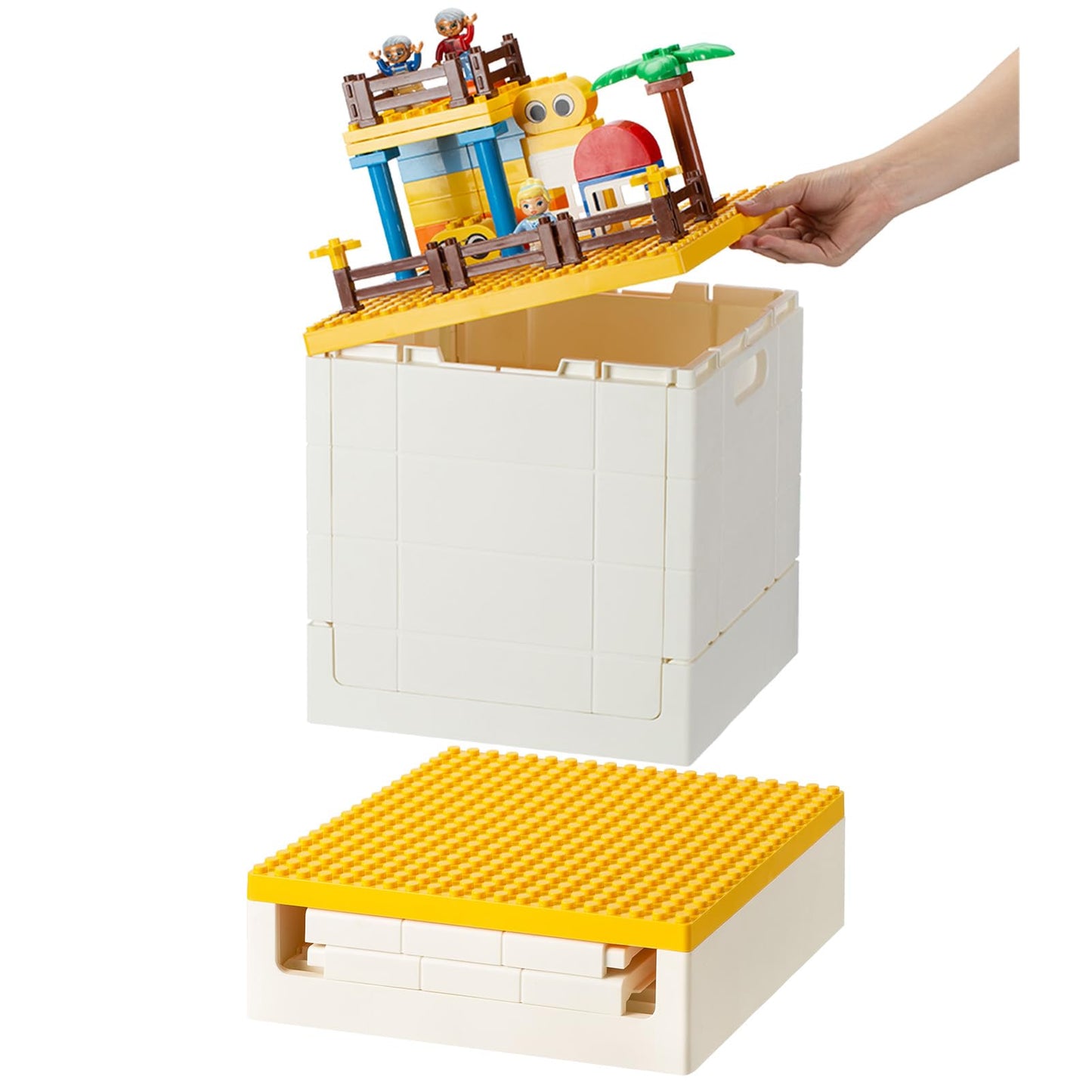 SHIMOYAMA Collapsible Storage Box with Baseplate Lid for Duplo, 25L Stackable Bin with Separate Building Board for Lego