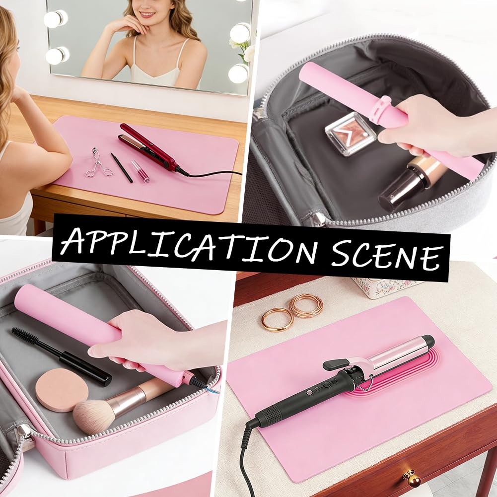 CREATCABIN Silicone Makeup Mat Pink Heat Resistant Mat Waterproof Portable Reusable Curling Iron Pad Vanity Countertop Protector Sheet for Make up