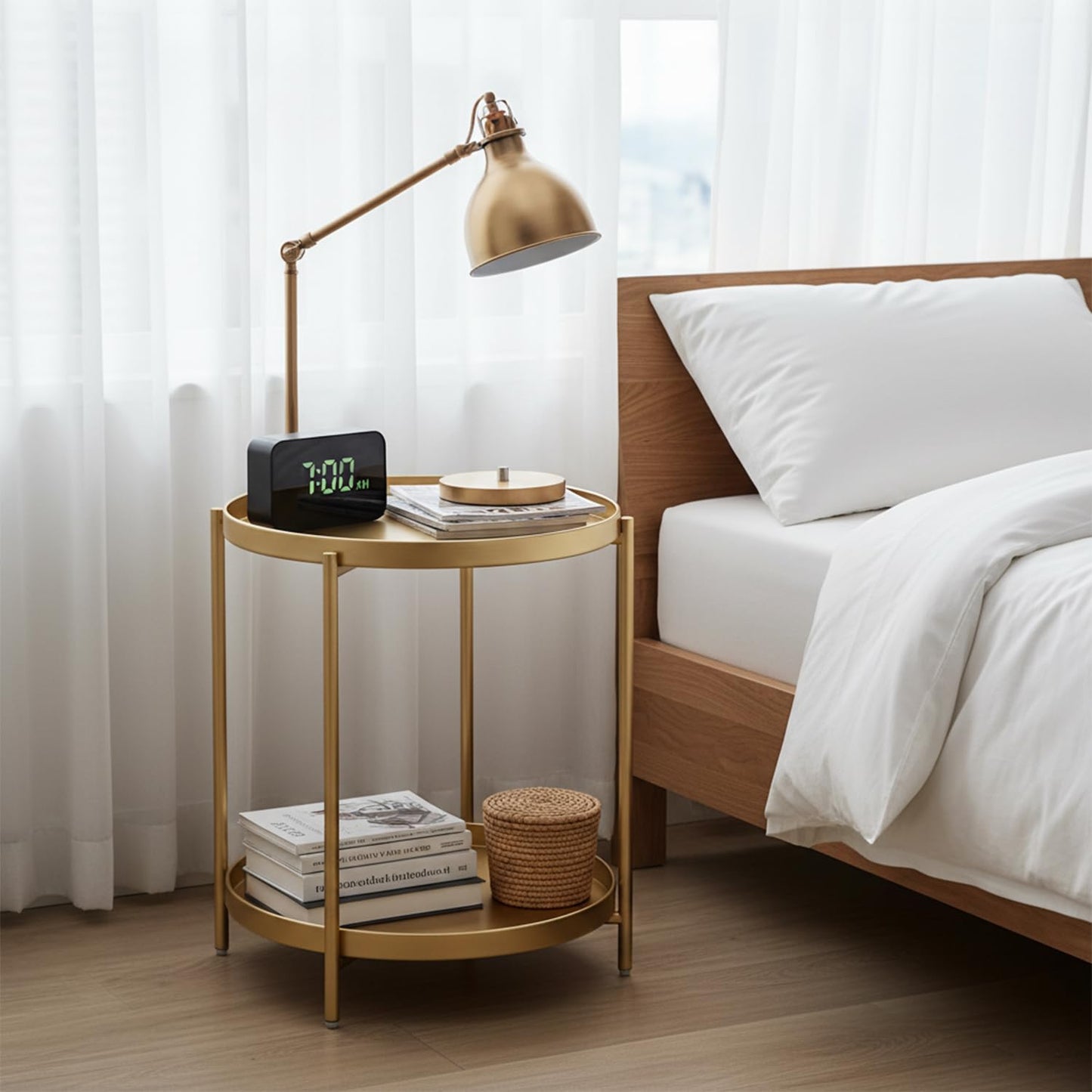 danpinera 2-Tier Gold Side Table, Round End Table, Small Gold Table with Removable Tray, Metal Folding Accent Living Room
