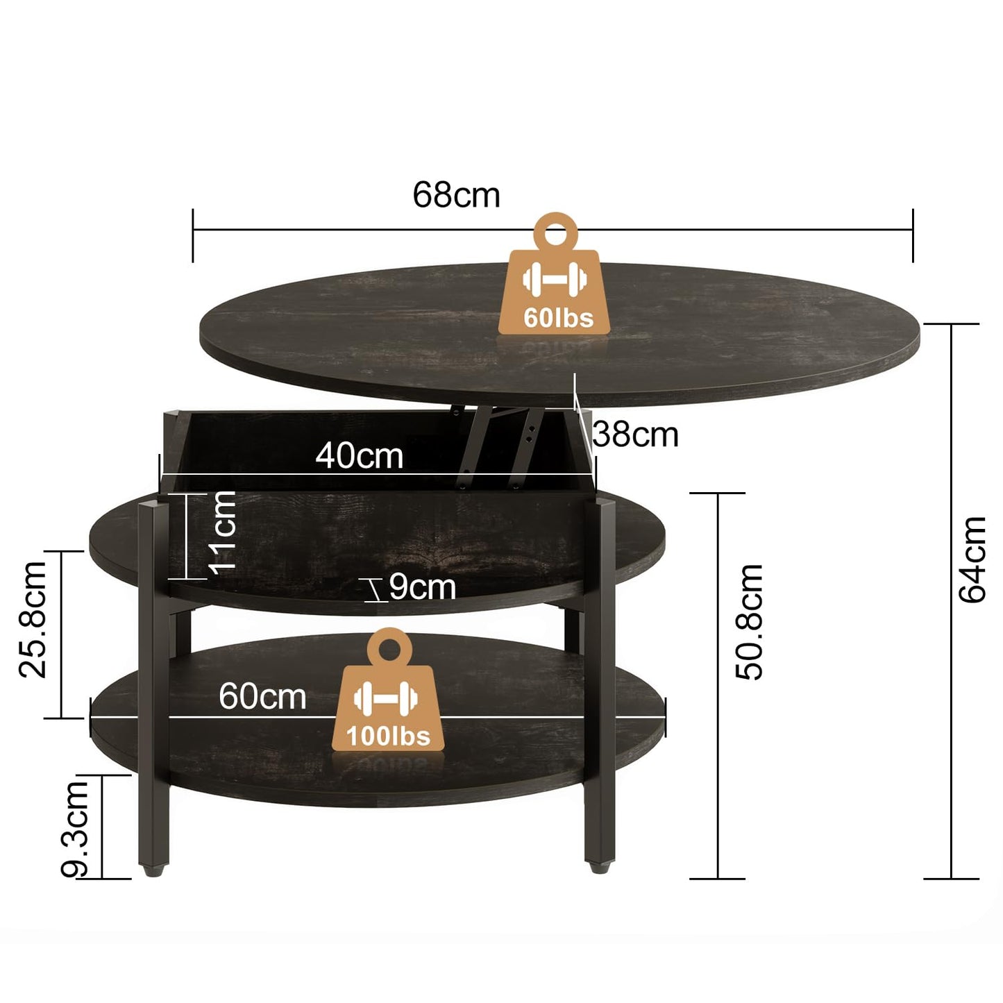 Mossora 68cm Black Oak Round Lift Top Coffee Table with Hidden Storage