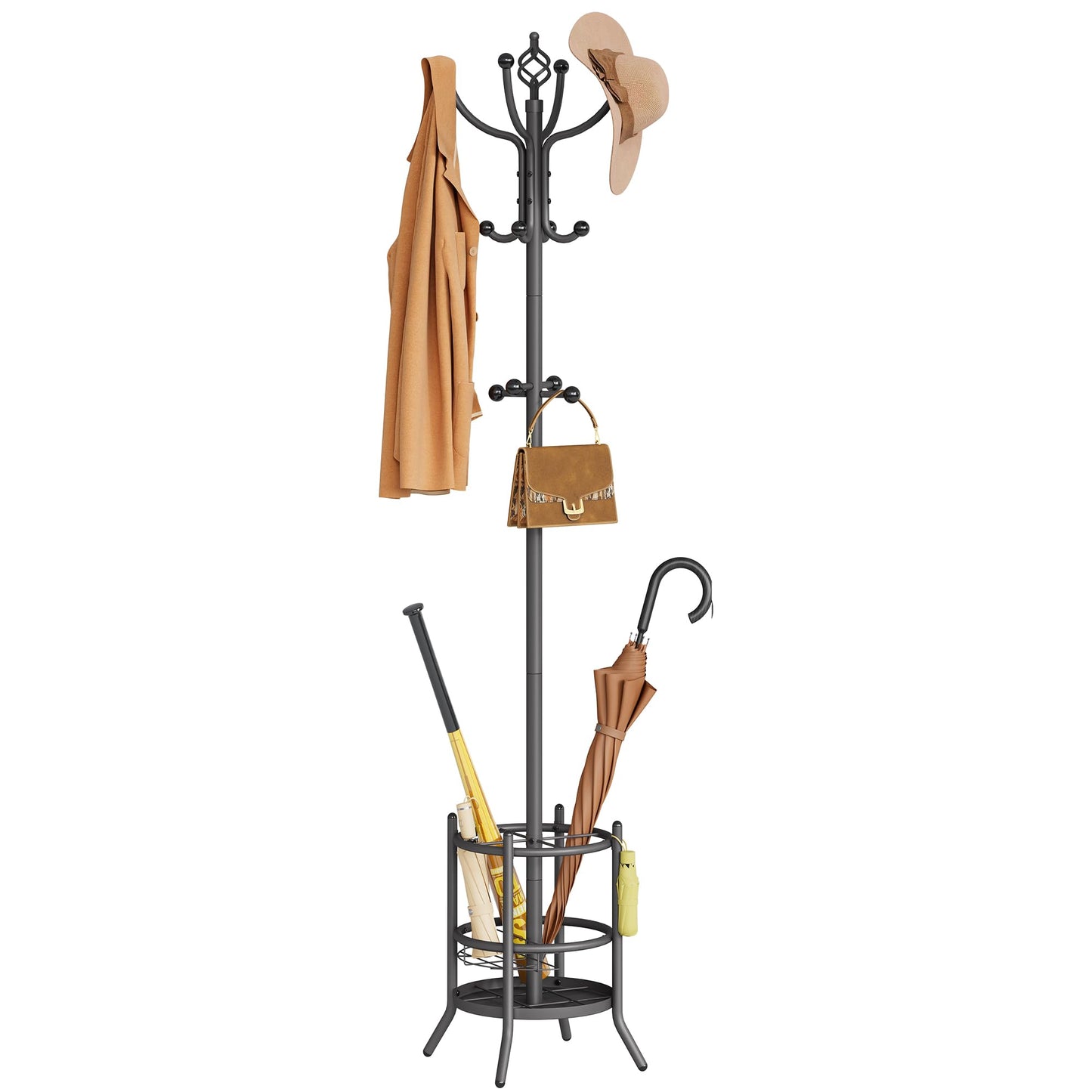 Tajsoon Coat Tree with Umbrella Stand, Coat Rack With 16 Hooks, Grey