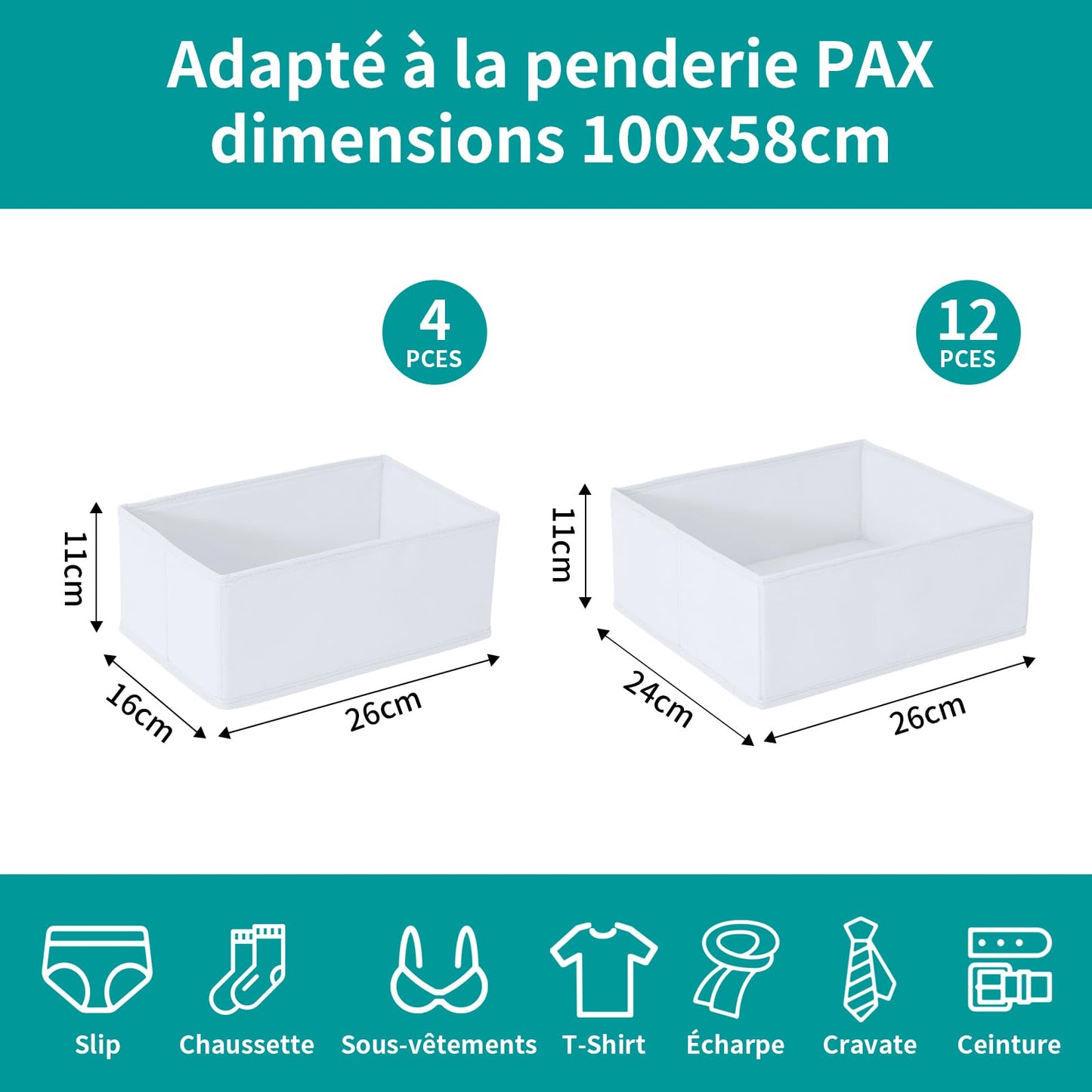 ORLISA Set of 16 Drawer Organisers, Compatible with PAX Wardrobe, 100 x 58 cm, Foldable Fabric Boxes with Sturdy Base for Clothes, Robust White