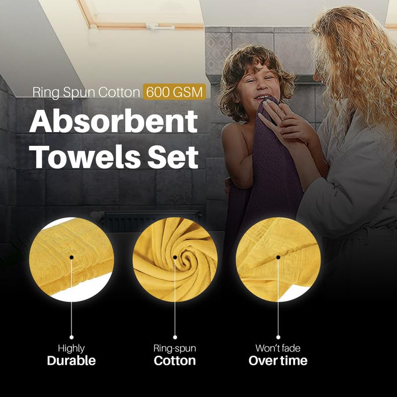 DTEX HOMES 8 Piece Towel Set 100% Cotton 600 GSM, 2 Bath Towels, 2 Hand Towels, 4 Washcloths - Mustard