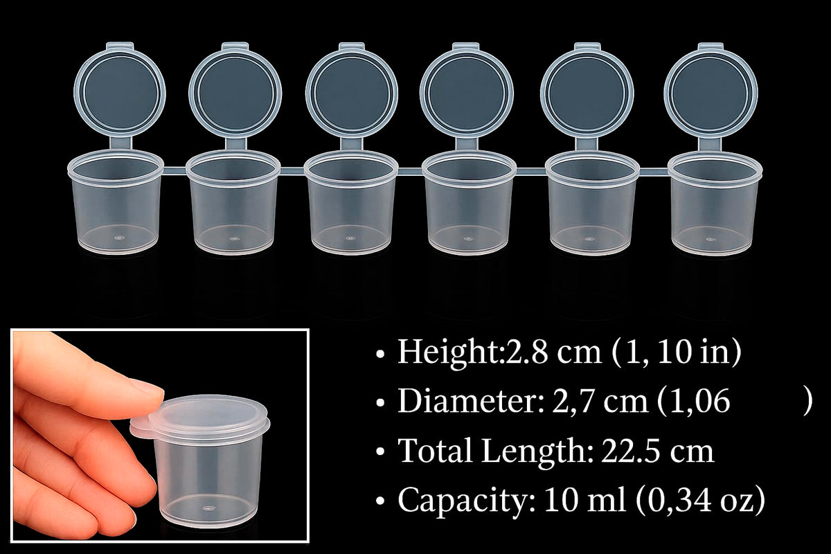 Transparent Plastic Containers 10 ml with Lids – Pack of 60 10 Strips of 6 – Reusable Pots for Paint, Crafts, Makeup, Samples, Storage, Organizers