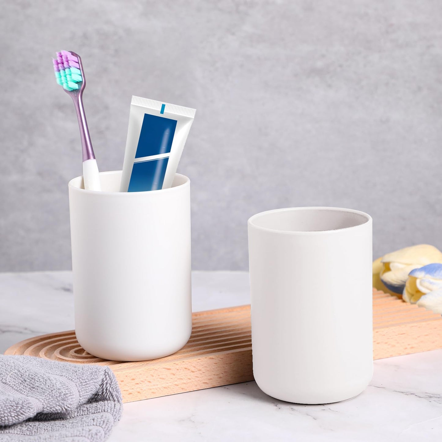 YUXIANLB 2Pcs Bathroom Tumbler, Plastic Toothbrush Tumbler 300ml, Mouthwash Cups, Unbreakable Dishwasher Safe Drink Cup (White)