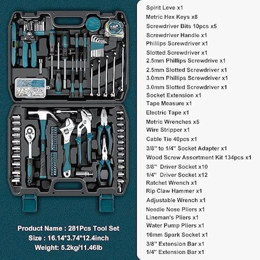 Sundpey Home Tool Kit 281-PCs - Protable Complete Basic Hand Repair General Tool Sets for Men Women - Tool Set with Socket Wrench Set & Screwdriver Set & Metric Hex Key & Pliers & Tool Box Case
