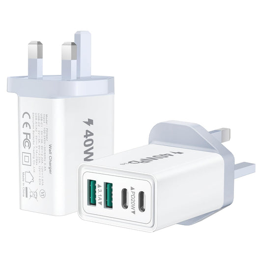 2-Pack USB C Plug Fast Charge, 40W 4-Port Charging Plug USB-C Charger Dual Port USBC Power Adaptor + QC Charger Plug, Multi USB Plug UK Type C Plug