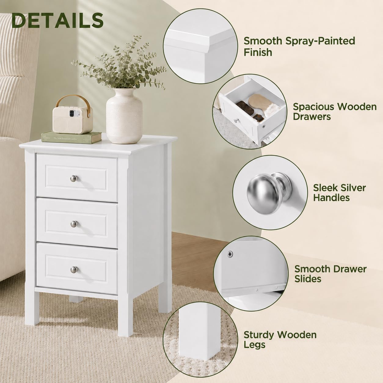 Yaheetech Bedside Table with 3 Drawers, White