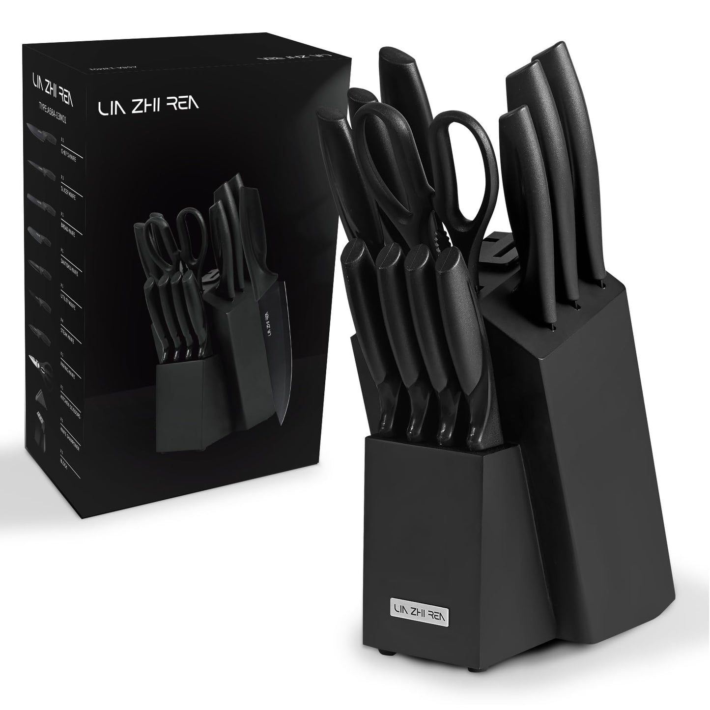 LIN ZHI REN 13 Piece Knife Set, Kitchen Knife Set with Block, Built-in Sharpener, Ergonomic Handle, Dishwasher Safe, Black