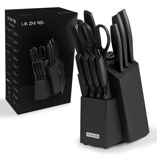 LIN ZHI REN 13 Piece Knife Set, Kitchen Knife Set with Block, Built-in Sharpener, Ergonomic Handle, Dishwasher Safe, Black