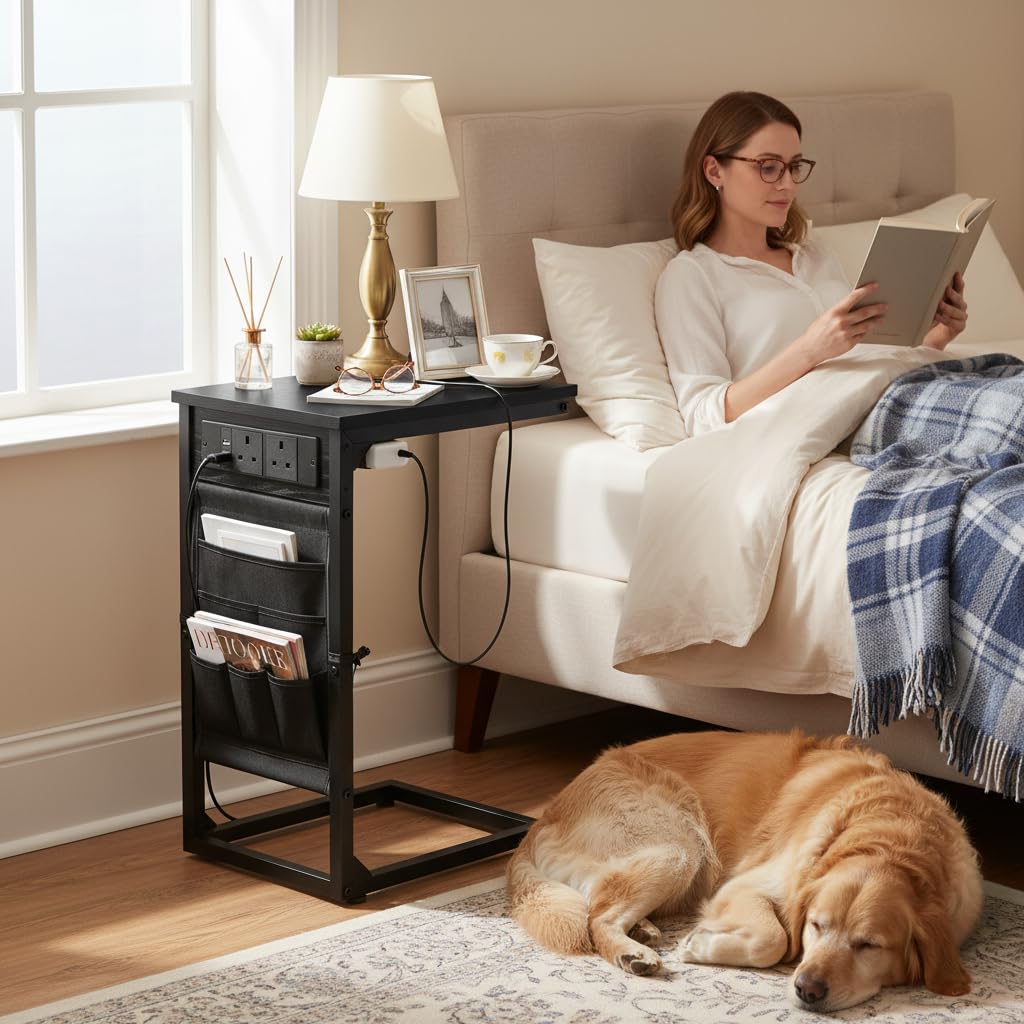 AMHANCIBLE C-Shaped Side Table, Side Table with Charging Station