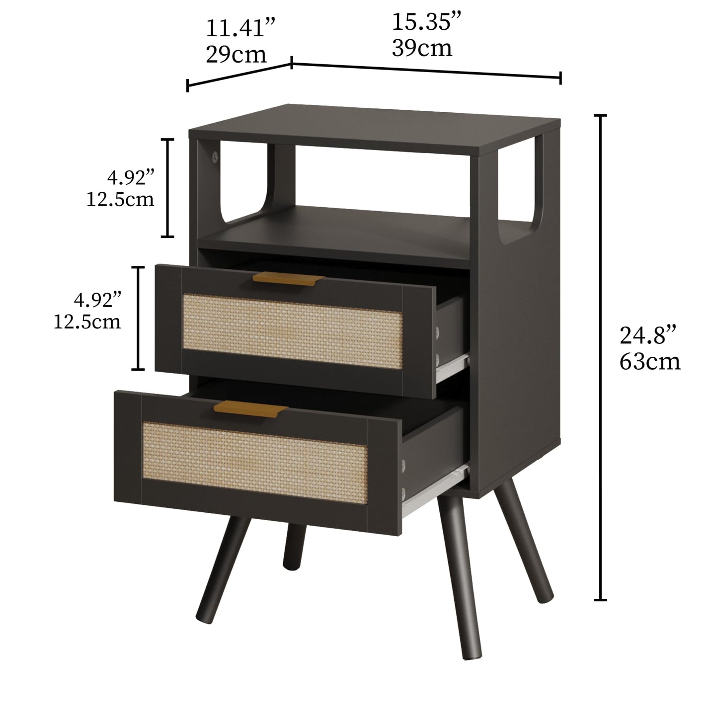 JERX Rattan Bedside Table, Farmhouse Nightstand with 2 Storage Drawer and Open Wood Shelf, for Living Room, Bedroom and Small Spaces