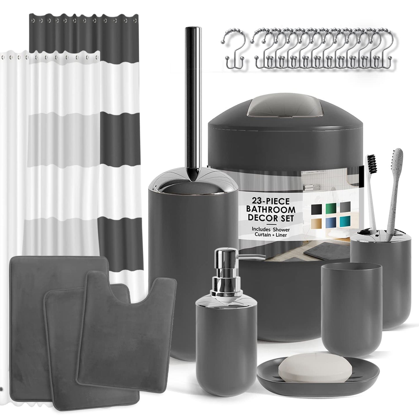 Clara Clark Gray Bathroom Accessories Set Complete with Bathroom Rugs Set and Shower Curtain Set, 12 Piece Bathroom Sets with Rugs and Accessories