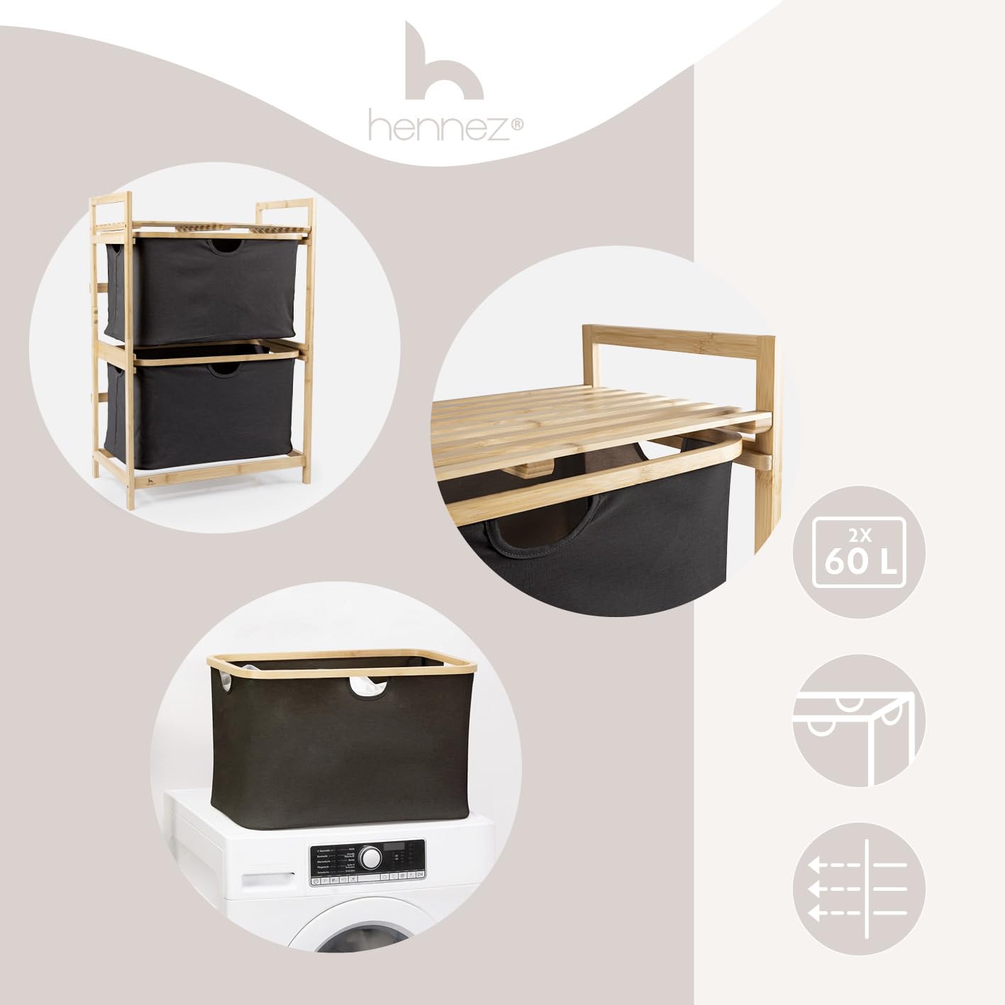 HENNEZ Bathroom Shelf, 2 Compartments, Bamboo Shelf with Shelf and 2 Baskets, Bathroom Shelf with Drawer Boxes, Standing Shelf