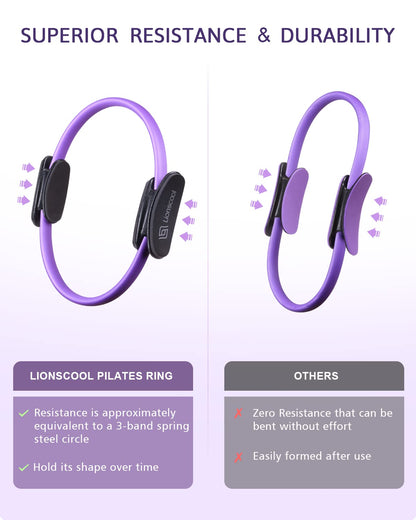 LIONSCOOL Pilates Ring Set - Premium14Magic Circle with Dual Padded Handles - Includes Pilates Mini Ball & Highly Elastic Resistance Bands & Workout