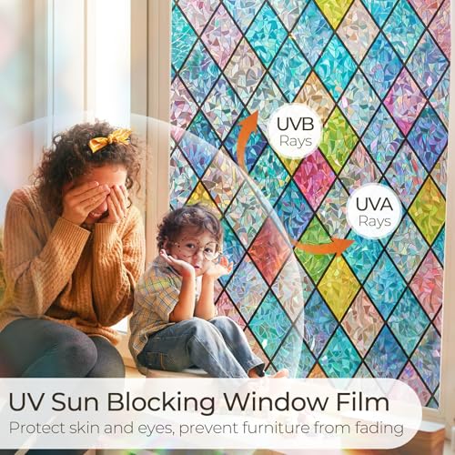 Beautysaid Rainbow Privacy Window Film: Stained Glass, No-Glue Frosted Window Film, Static Cling Film (Multicolor, 60x1000cm