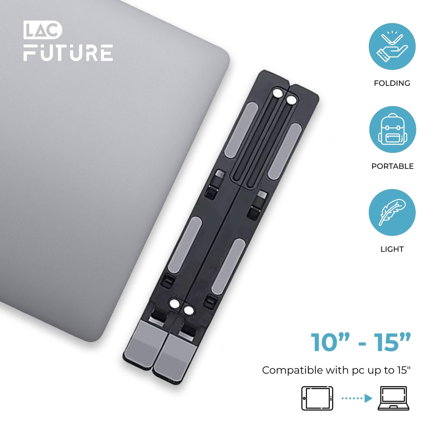 LAC FUTURE Laptop Stand for Desk, Black Aluminium – Adjustable Laptop Stand (7 Levels), Foldable & Portable, Holder Ventilated, Non-Slip