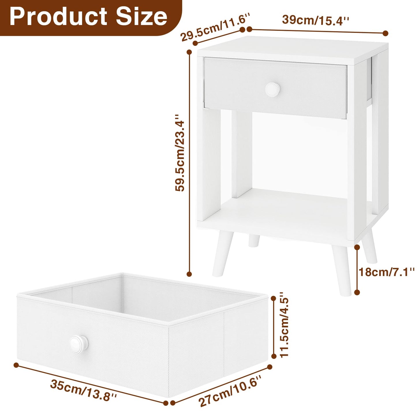 YMYNY Set of 2 Side Tables, Bedside Table, Sofa End Table, with Fabric Drawers and Open Shelf Unit, Solid Wood Legs, Nightstand, for Bedroom