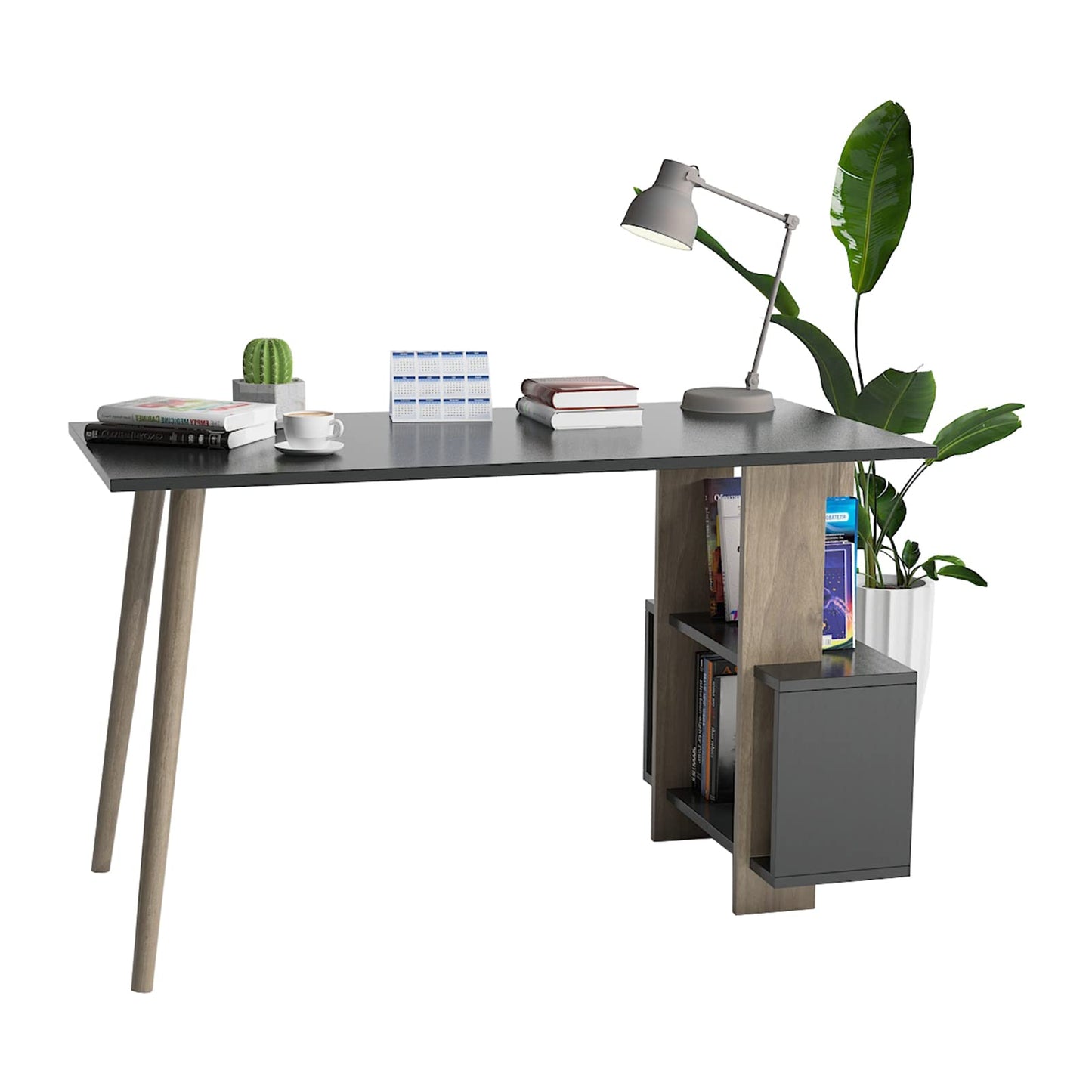 DEMANZE Writing Computer Desk, Home Office Study Desk with Space-Saving Bookshelf, Corner Laptop Pc Table with Storage Shelves