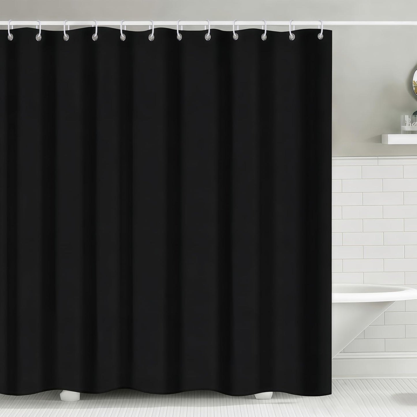 FAVORTALK Black Shower Curtains Waterproof Polyester Fabric Shower Curtain Mould Proof Mildew Resistant 180x180cm Solid Bathroom Curtain Set with 12