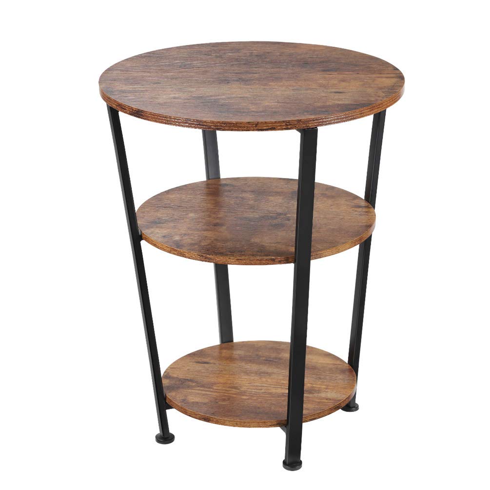 DREAMSOULE Industrial End Table, 3 Tiers Round Side Table with Sturdy Metal Frame, Round Sofa Table, Vintage Nightstand for Living Room Bedroom