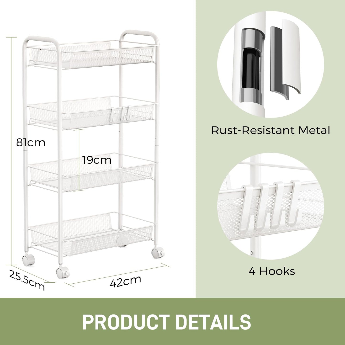 WELDUN 4-Tier Storage Trolley, Meatl Rolling Cart, Mesh Storage Cart White