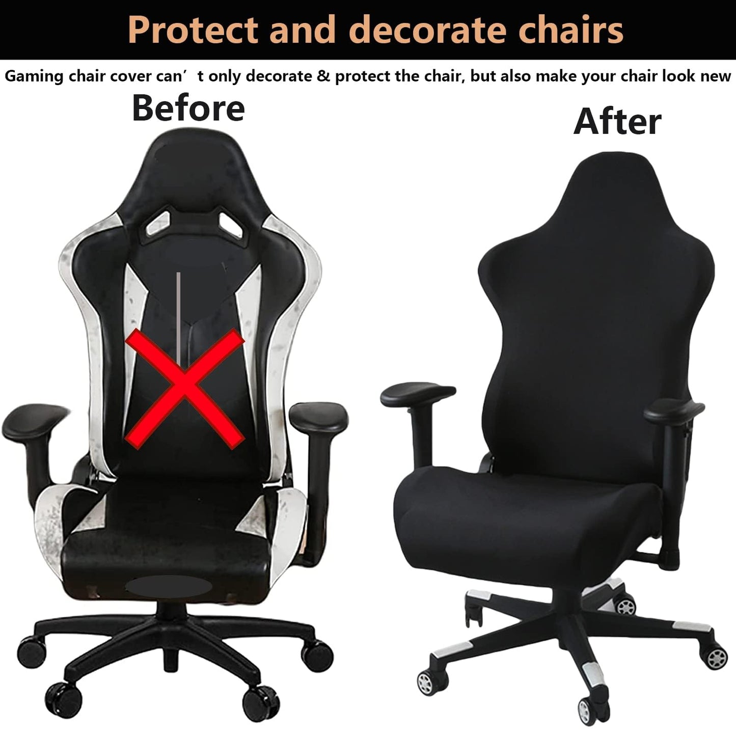 MiseYu Gaming Chair Cover, 4pc Set (Armrest & Back & Seat Covers), Stretchable, Black, Modern Style, Gaming & Office Chair Cover