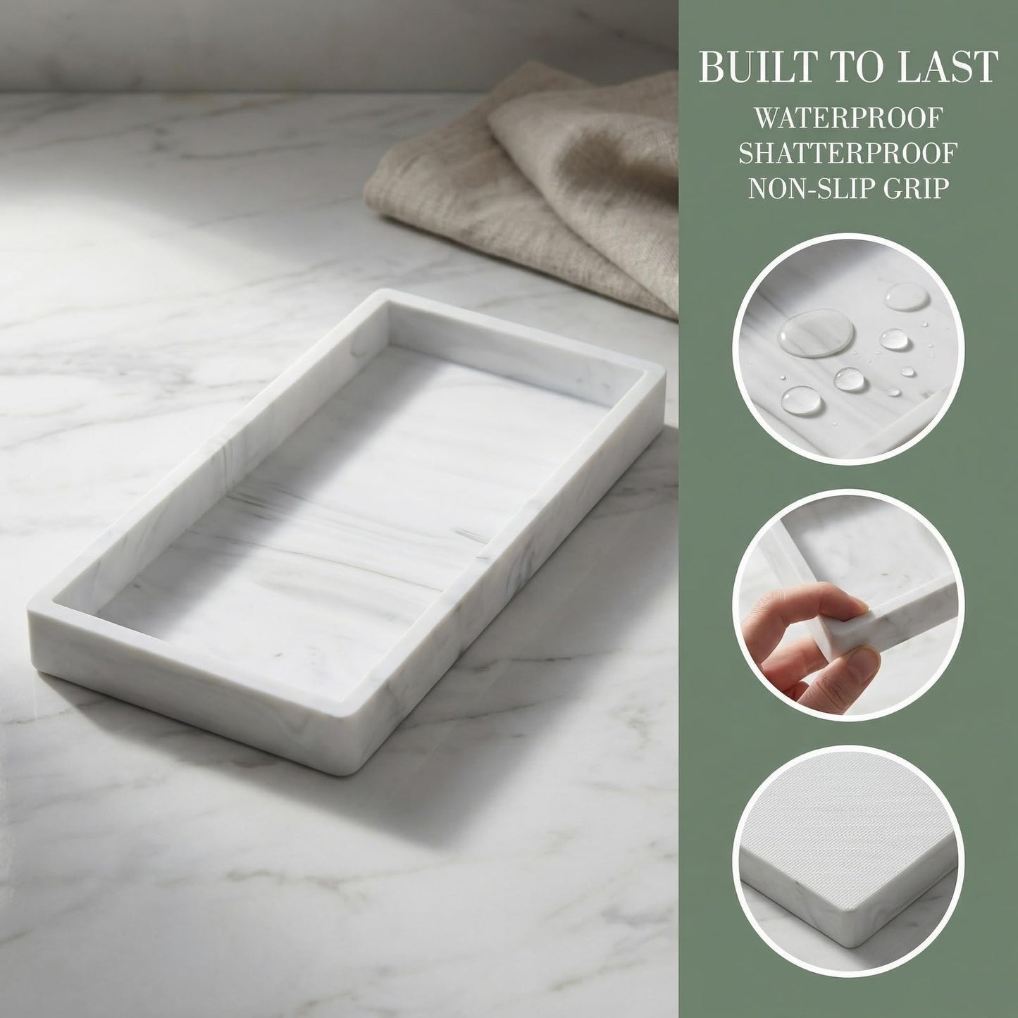 2PCS Bathroom Vanity Tray, Marble Pattern Silicone Organiser Tray for Bathroom Counter, Kitchen Sink & Toilet Tank
