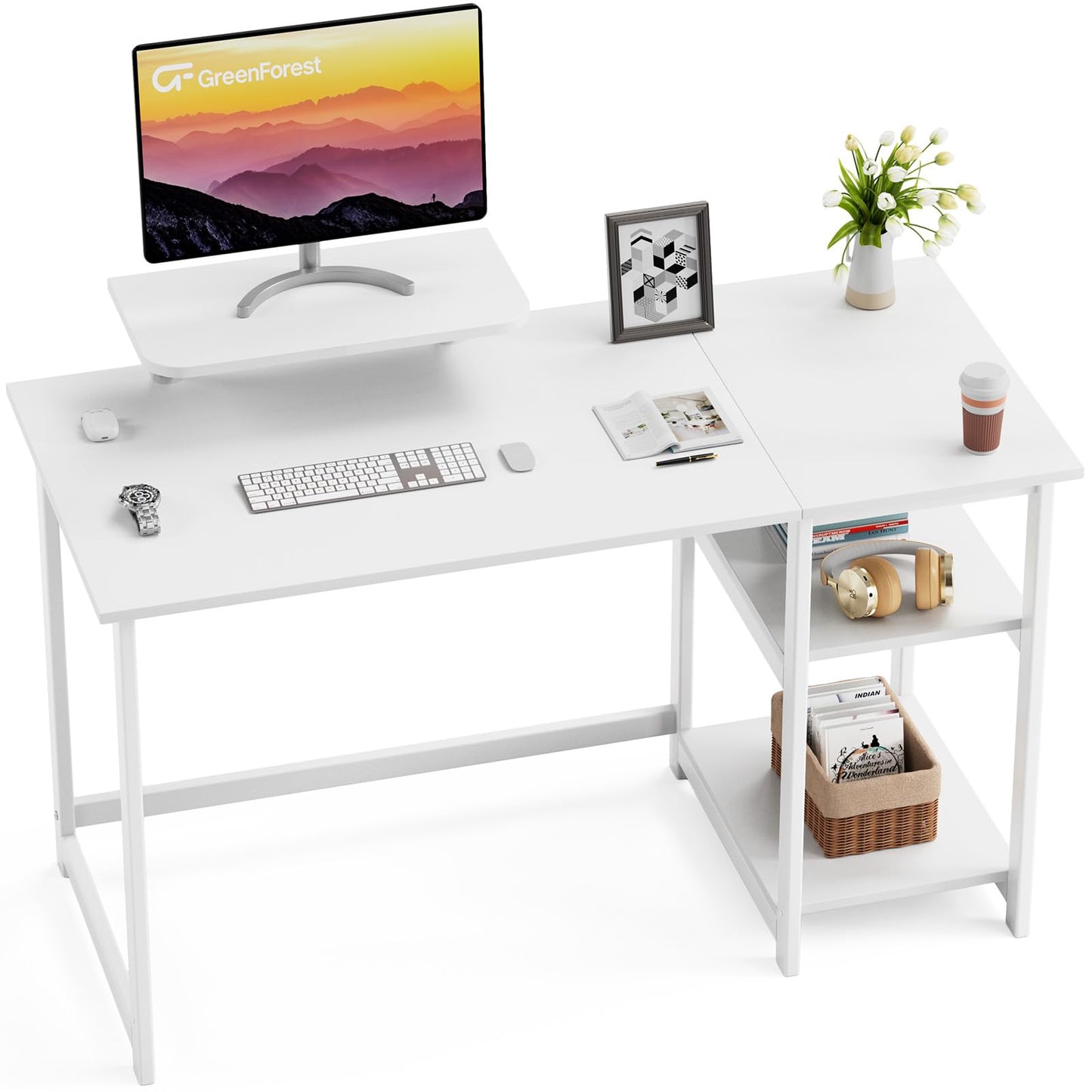 GreenForest Office Desk 120cm with Monitor Stand, Full White