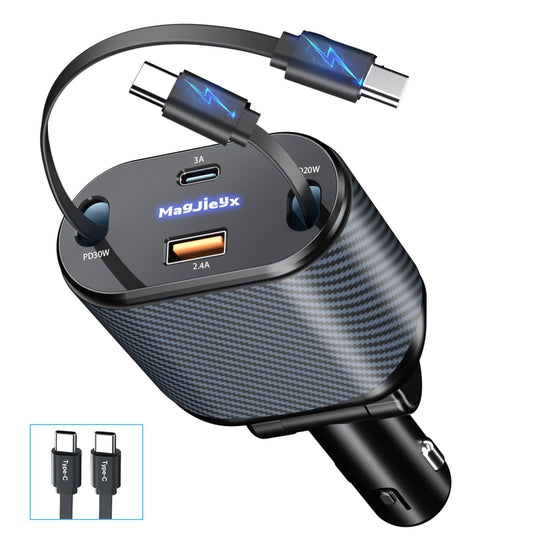 MAGJIEYX Retractable Car Charger, 80W Cigarette Lighter USB Adapter Fast Charging with Dual Type-C Cables & USB-C/USB-A Port for iPhone 16 15 14 13