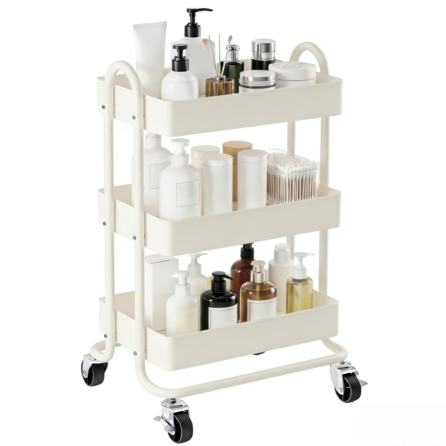 Mordchil EU 3 Tier Metal Utility Cart with Lockable Wheels for Storage, Rolling Utility Trolley Storage Cart for Home & Office, Cream