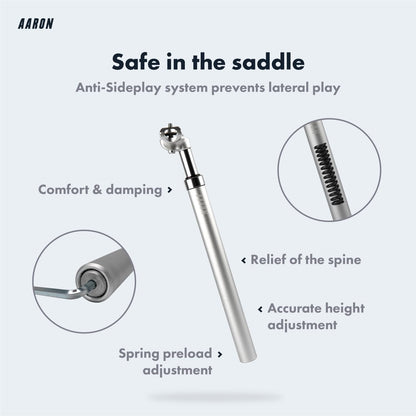 AARON - Spring suspension seatpost - Aluminum - For E-bikes, MTB, Trekking Bikes, City Bikes - 31,6 mm Diameter, 13.8" (350mm) Length - silver