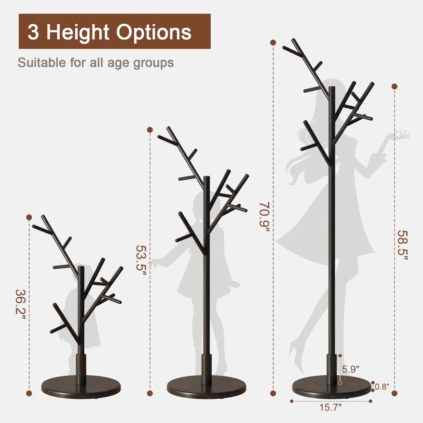 AQIMUELE Coat Stand, Wooden Coat Rack, Freestanding Stand with 12 Hooks, 3 Heights for Clothes, Hats, Bags, Coat Stands for Hallway, Small Space