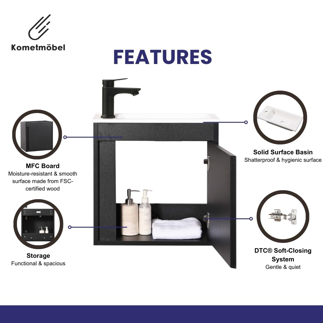 Kometmöbel Cloakroom Vanity Unit With Wash Basin Bathroom Vanity 50cm Wall Hung (Black Without Tap, 500mm)