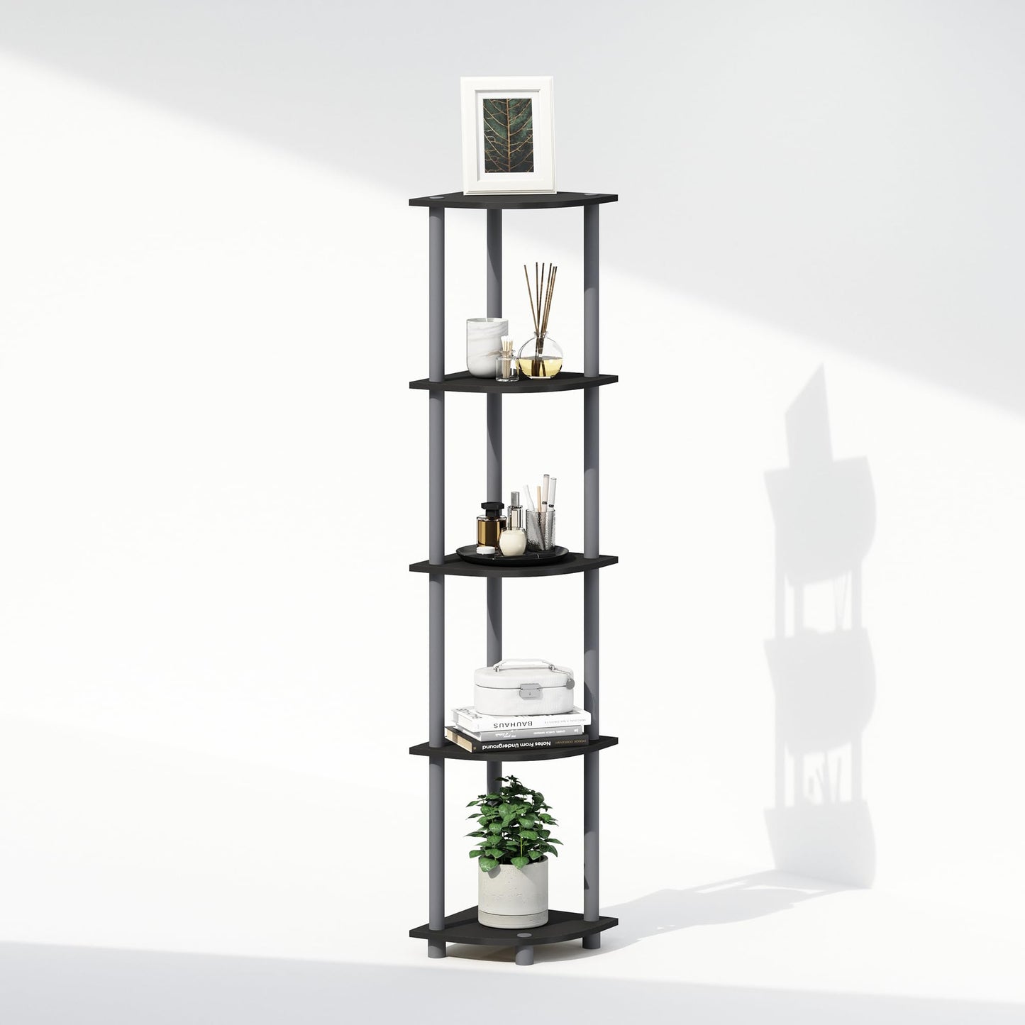 Furinno TURN-N-TUBE Corner Shelf, 5-Tier Corner Display Rack, Shelving Unit, for Organization and Storage, Living Room, Home Office, Garage, Bedroom