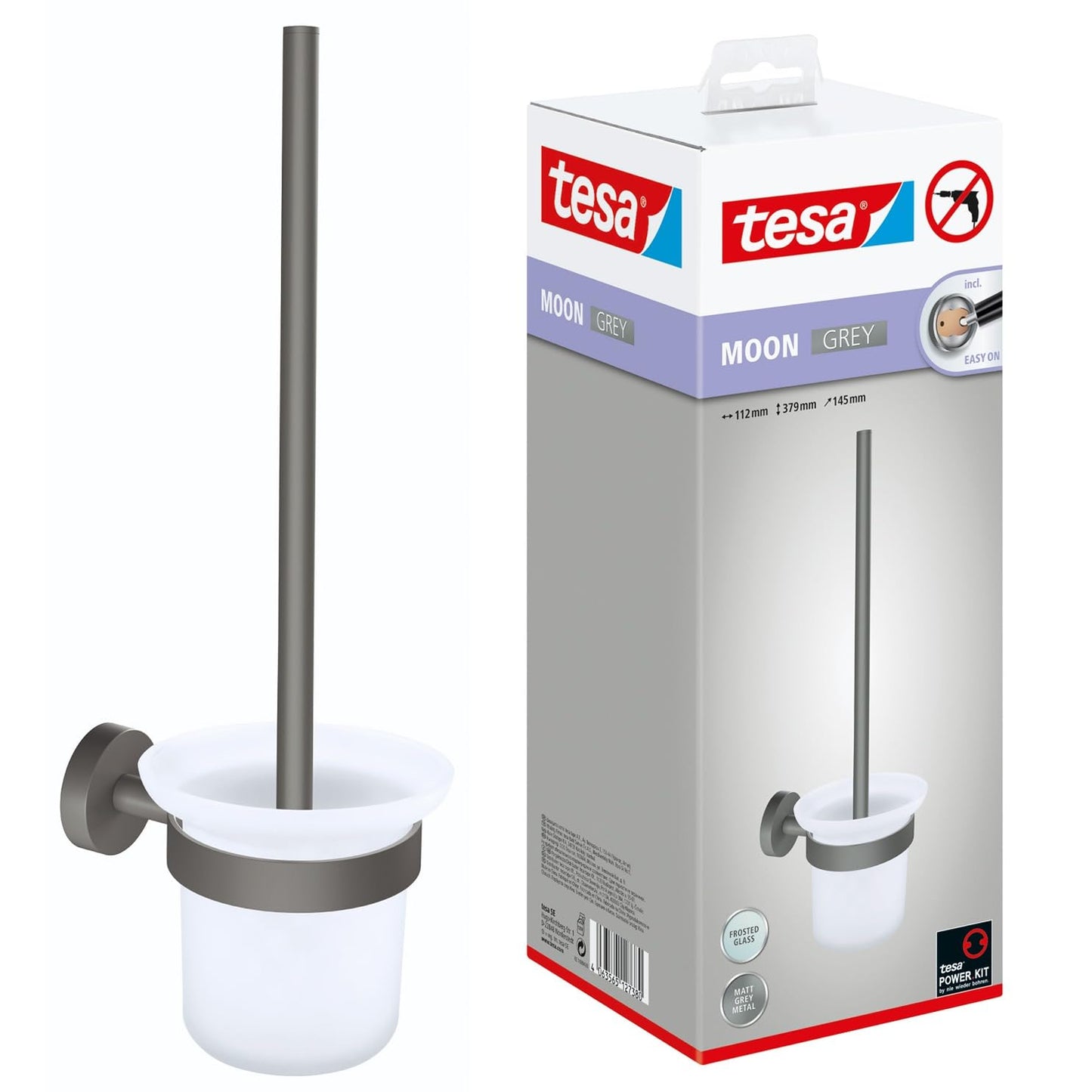 tesa MOON GREY Toilet Brush Set, with holder and toilet brush, matt grey, satin glass - for industrial style and modern bathrooms - drill-free