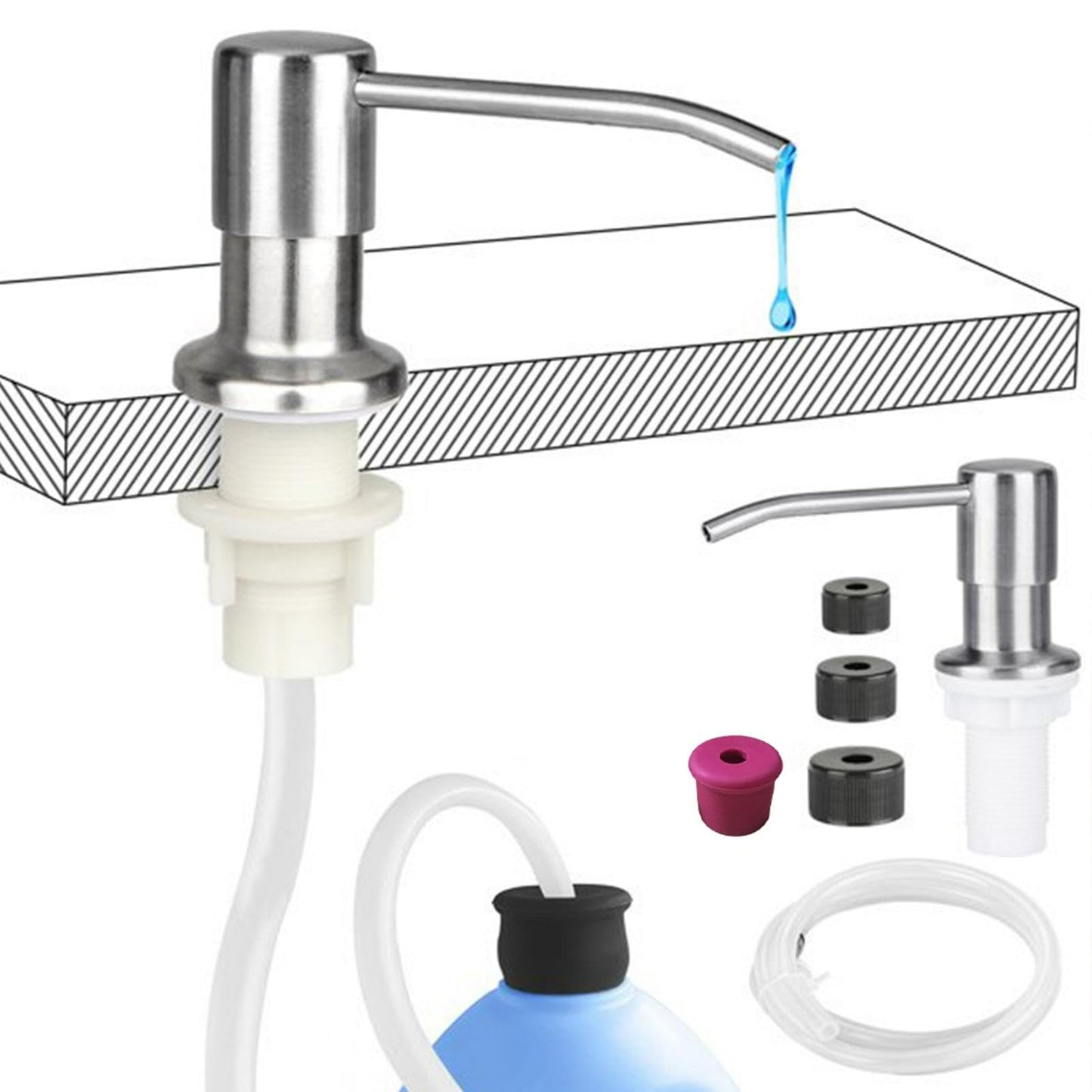 Kitchen Soap Dispenser Set, Stainless Steel Countertop Sink Soap Dispenser Water Pump with 39” Extension Tube Kit for Kitchen Bathroom(Silver)