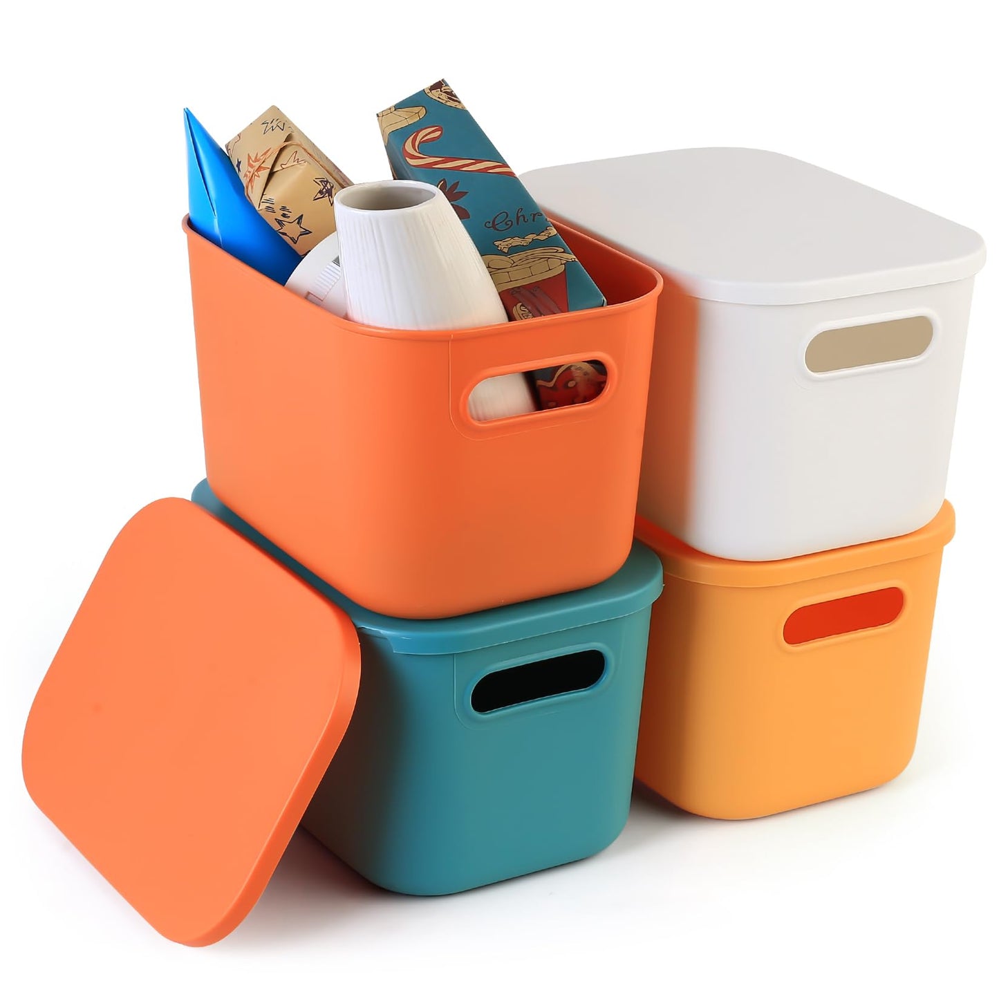 Qeapug 4 Pcs Small Storage Boxes with Lids, Colourful Stackable Plastic Storage Box with LidStorage Baskets for Shelves Kitchen Bathroom Bedroom