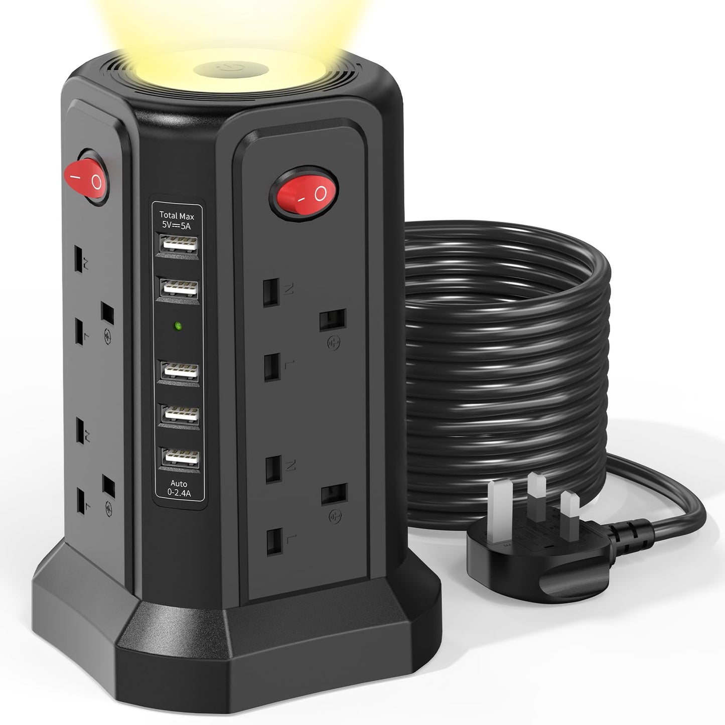 Extension Lead 5M with USB Slots and Night Light, (13A 3250W) 5 USB Ports and 8 Way Extension Tower, Surge Protection Extension Lead with Individual