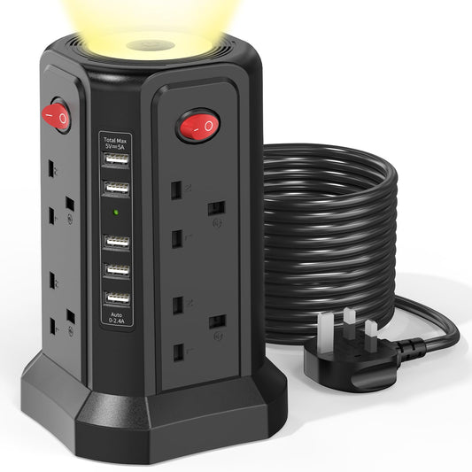 Extension Lead 5M with USB Slots and Night Light, (13A 3250W) 5 USB Ports and 8 Way Extension Tower, Surge Protection Extension Lead with Individual