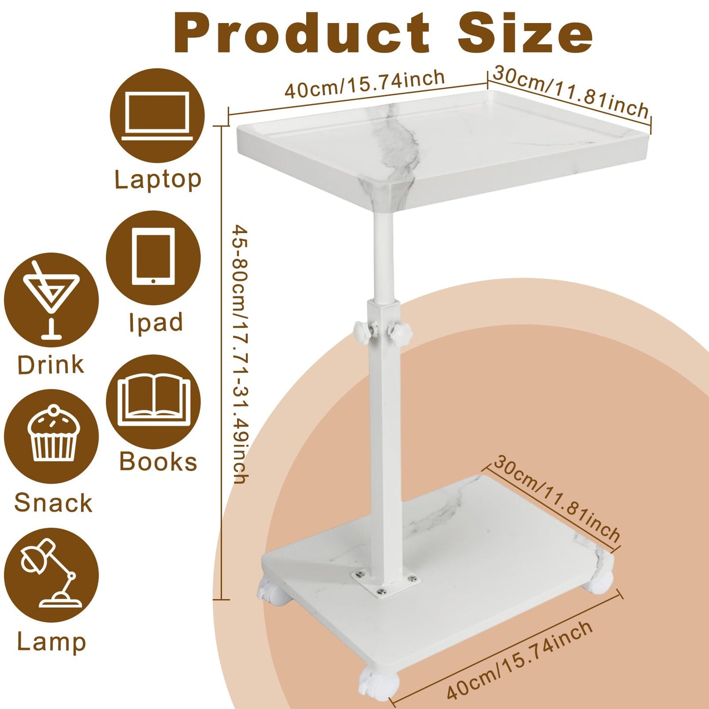 XUDREZ Adjustable Side Table, C Shaped Small Table with 4 Wheels 364° Swivel Tray, End Table for Living Room Bedroom Sofa Small Spaces