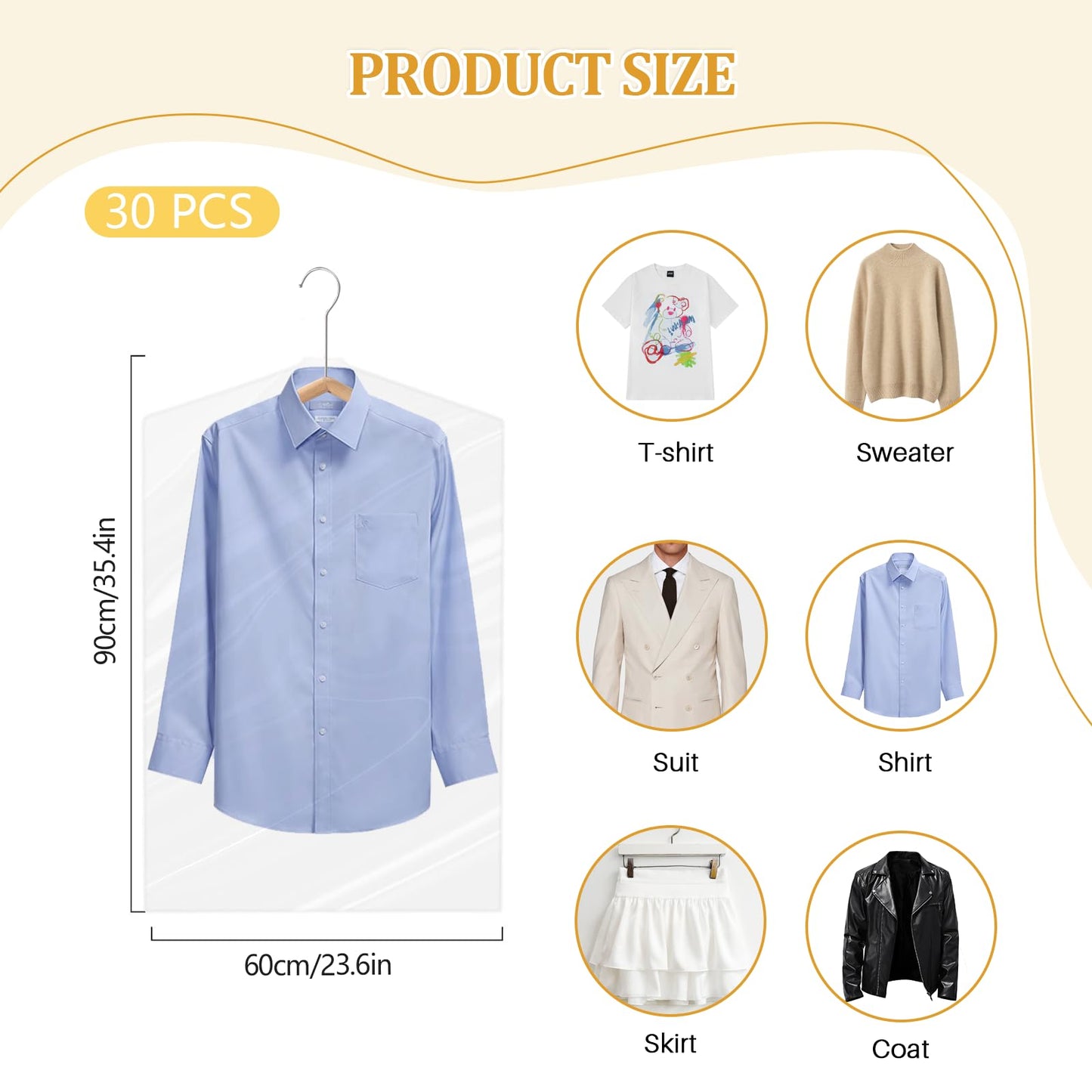 atnayo 30 Pcs Plastic Clothes Covers, 60 cm x 90 cm Clothes Covers Protector Bags for Dress Dust Proof Dry Cleaning Closet Storage