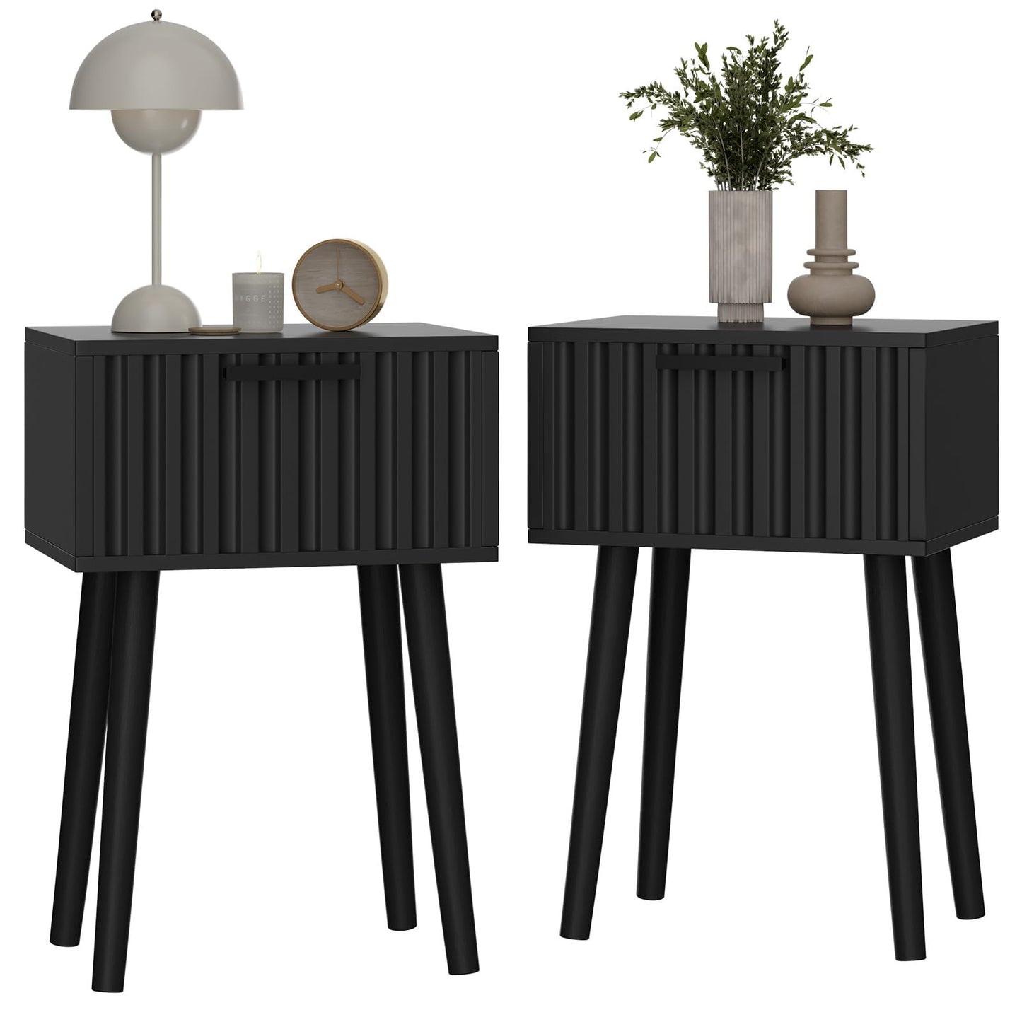 YMYNY Fluted Nightstand Set of 2, Small End Table, Modern Coffee Table with Drawer, Solid Wood Legs, Retaining Chain, 35x27x53cm