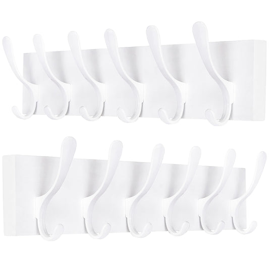 SKOLOO Coat Rack Wall Mount - Wooden White Wall Coat Hook, Pack of 2, Wall Coat Hanger Rack with 6 Hooks for Hanging Coats, Hats, Clothing, Scarfs,