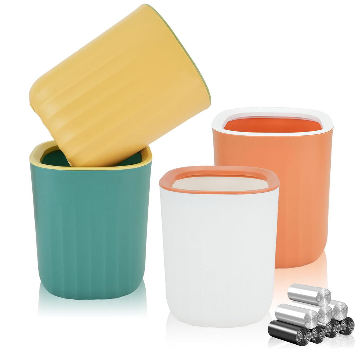 4PCS Mini Desktop Trash Bin, Colourful Wastebasket Bathroom Bins with 8 Rolls Bin Liners, Small Plastic Tea Bag Trash Can 12.5*12.5*15cm