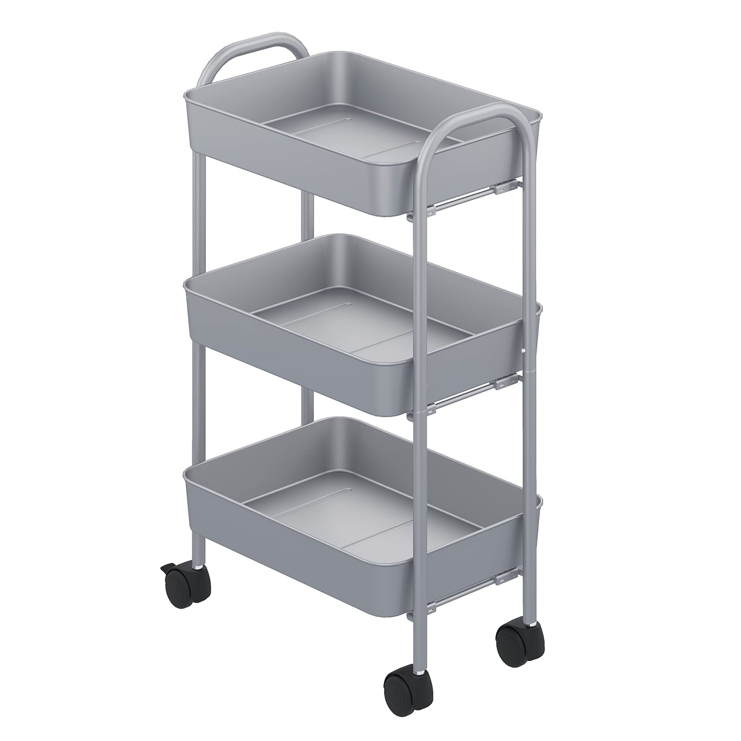Mabel Home Storage Cart 3 Tier with Wheels and Handle, Metal Storage Utility Rolling Trolley, Multi-Purpose (Grey)