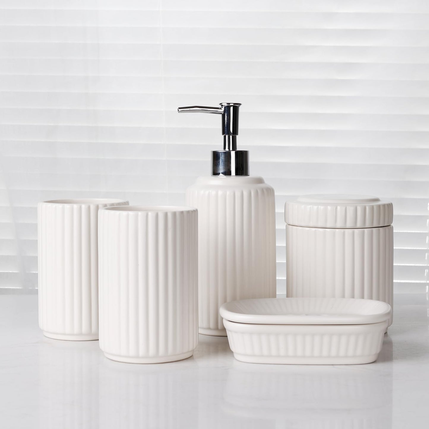 Bathroom Accessories Set 5PCS, Ceramic White Bathroom Accessory Set, Classic Design Bathroom Accessories Sets Complete