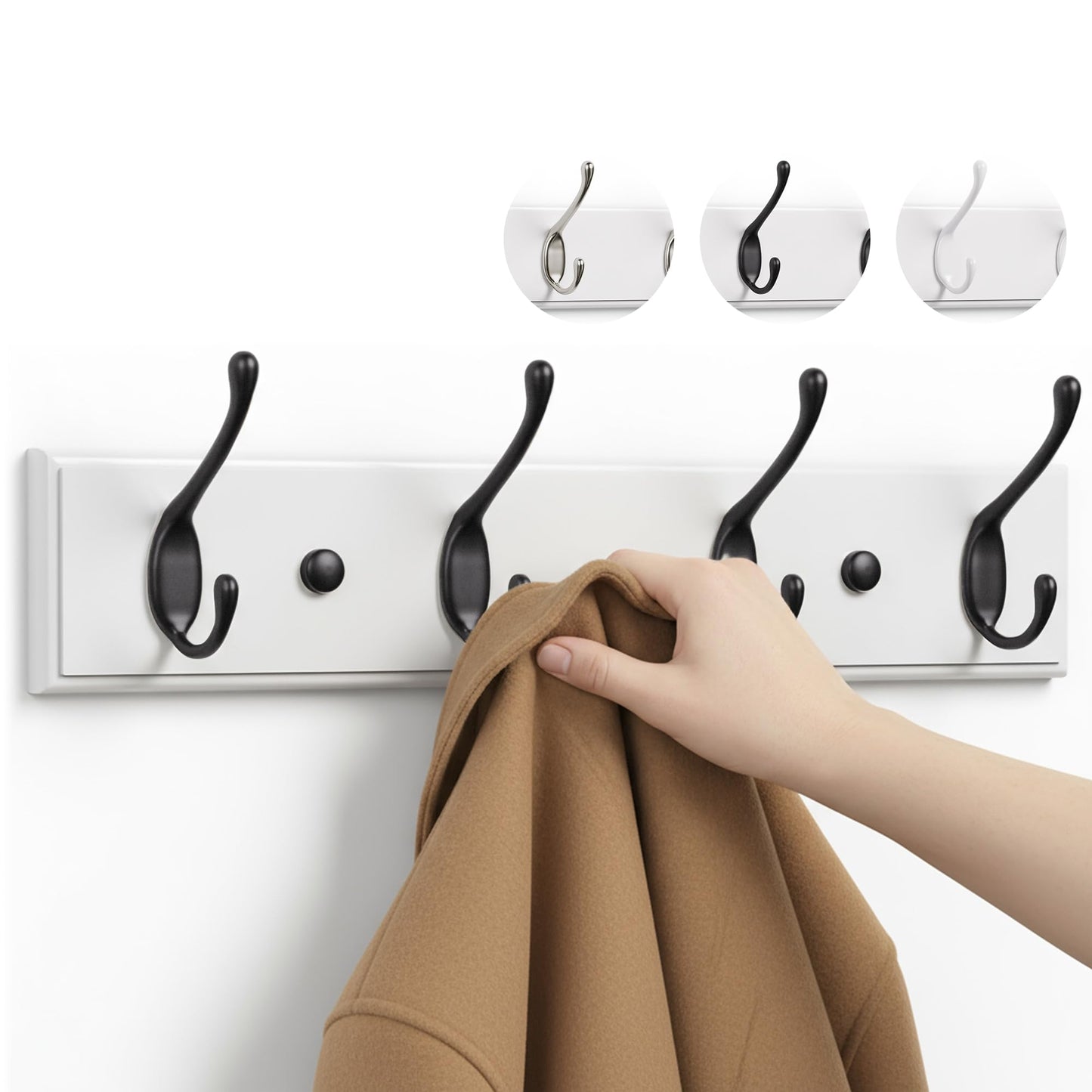 LARHN White Wall-Mounted Coat Rack - 4 Black Coat Hooks, 42cm