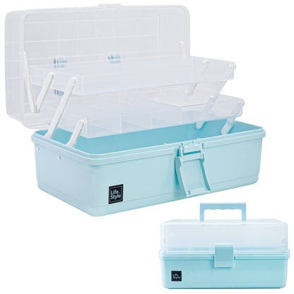 Creahaus 13" Multipurpose Storage Box with Compartments, Craft & Sewing Box with 2 Trays Blue
