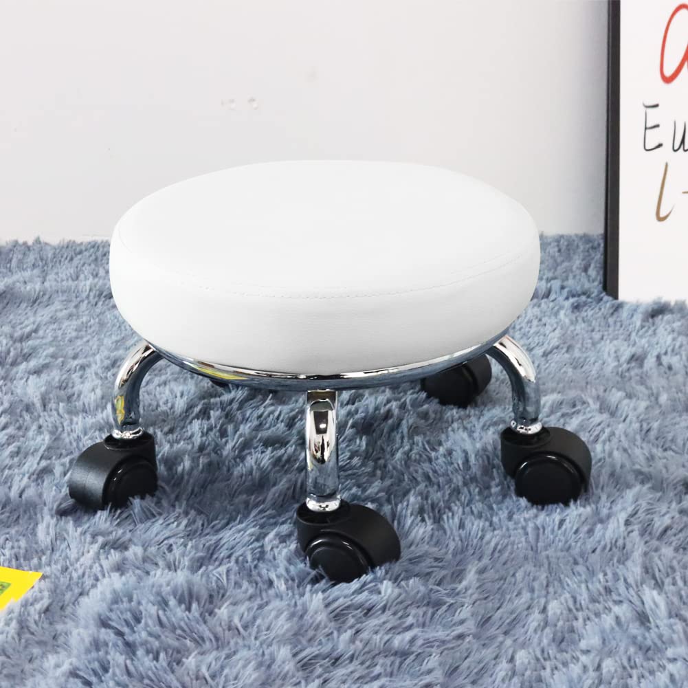 WKWKER Roller Seat PU Leather Low Round Rolling Stool Small Chair with Universal Swivel Caster Wheels for Home Office Garage Shop Fitness